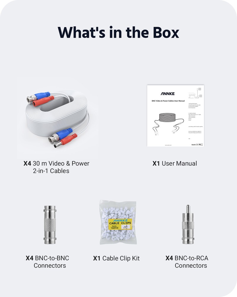 ANNKE 4X 100ft White Video Power Cable BNC RCA Wire for Security Camera System