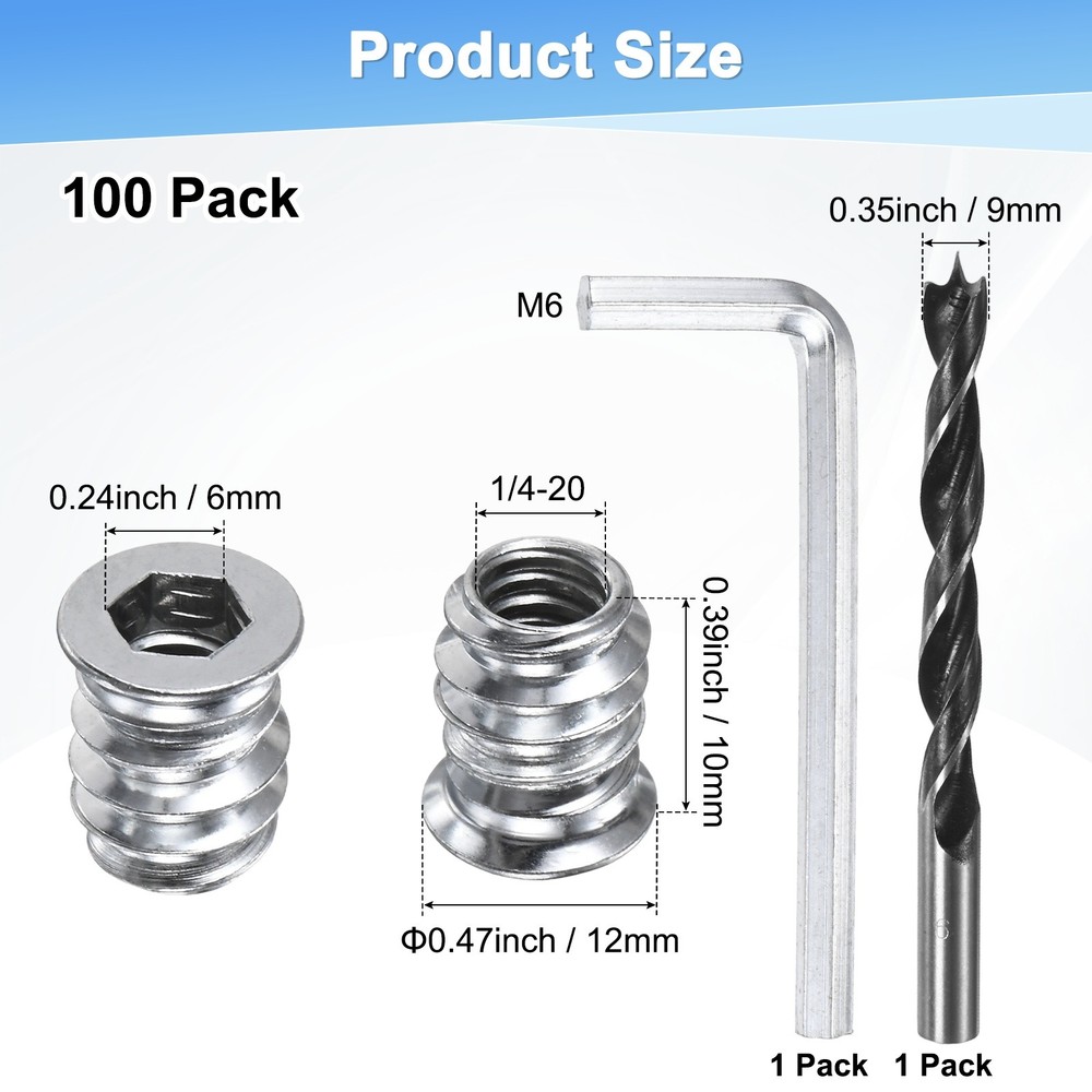 100-Pack Threaded Inserts, 1/4-20x10mm Nuts with A Wrench and Drill Bit [Silver]