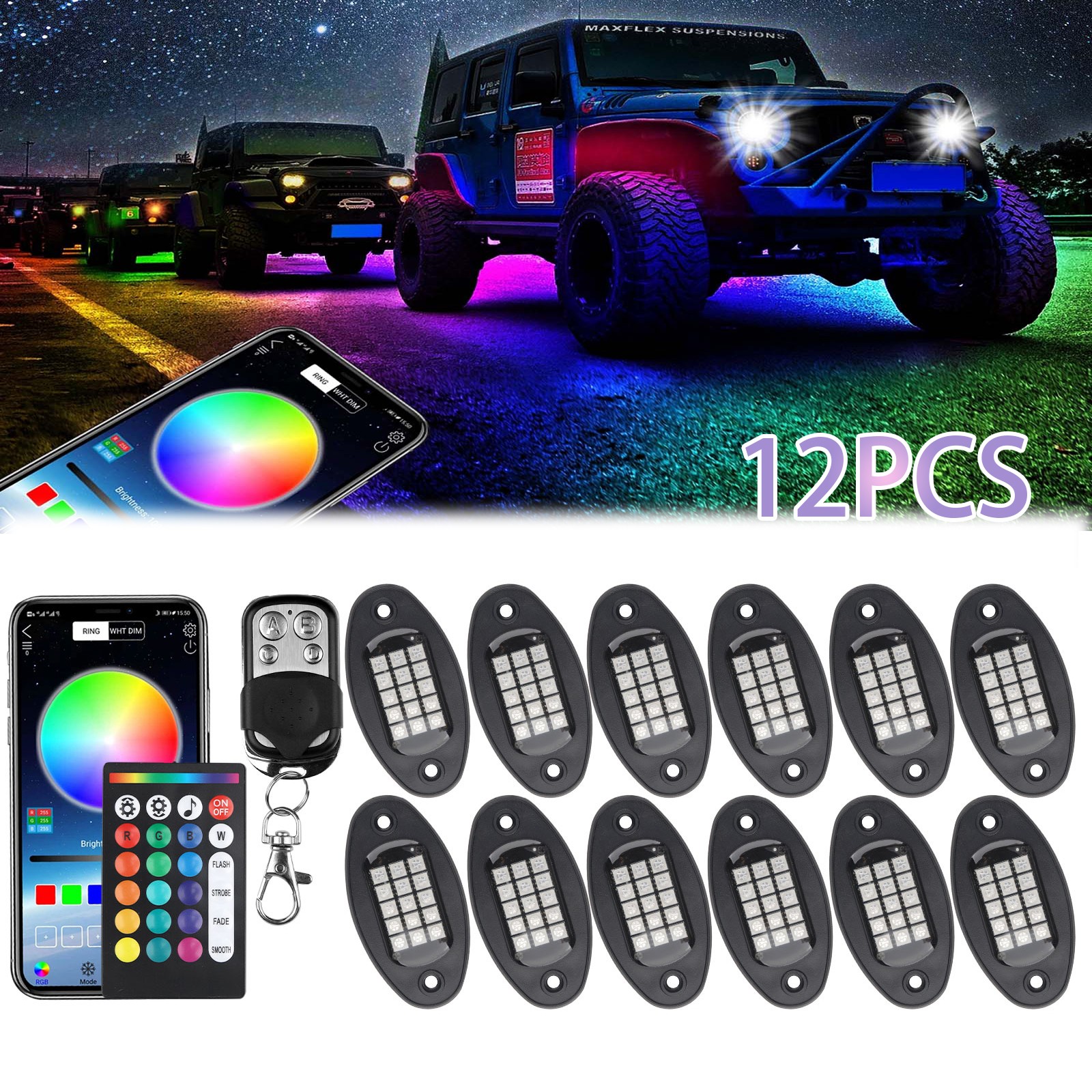 12 Pods RGB LED Rock Lights Kit Offroad Truck Underbody Neon Music Bluetooth APP