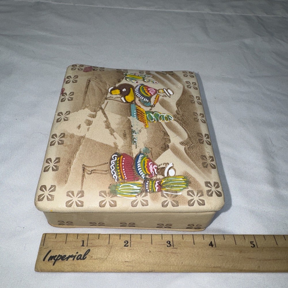 Vintage Peruvian 🇵🇪 Leather Trinket Box Hand Painted Stained