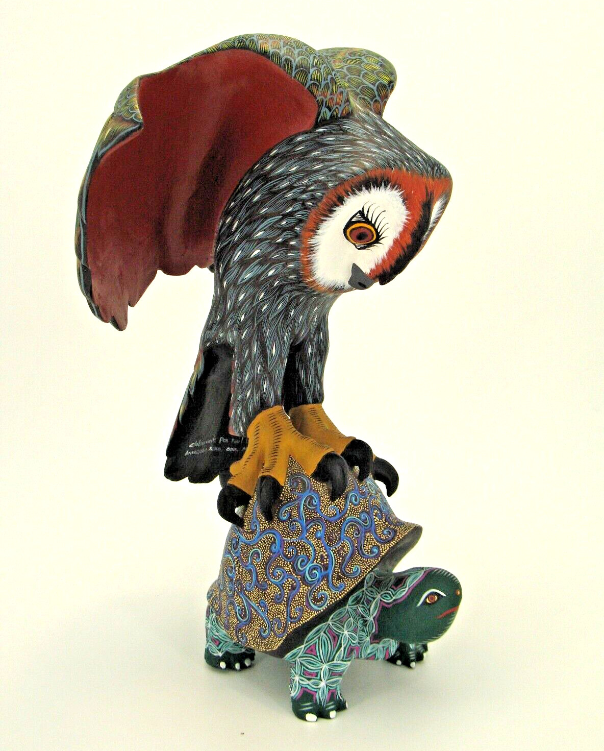 Oaxacan Wood Carving by Raul Ibanez "Owl on top of Tortoise" Mexican Folk Art
