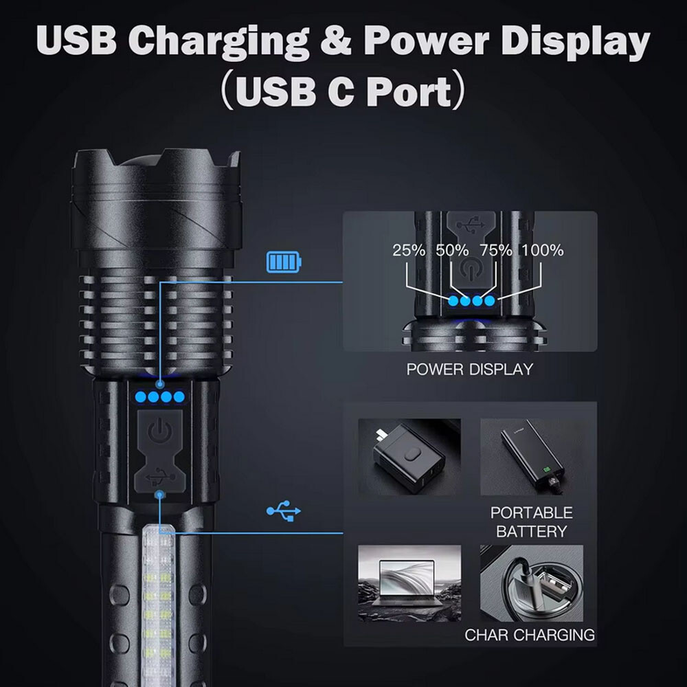 990000000 Lumen Super Bright LED Flashlight Rechargeable Tactical LED Work Light