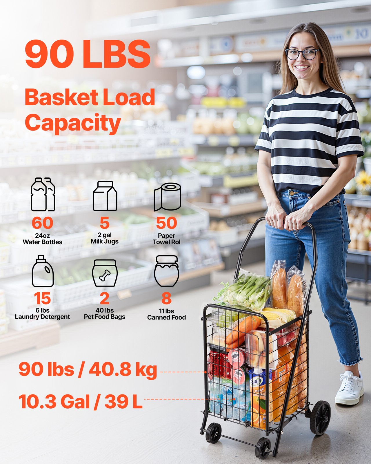 Uimoso Shopping Cart Folding Grocery Utility Cart with Swivel Wheels 90 LBS