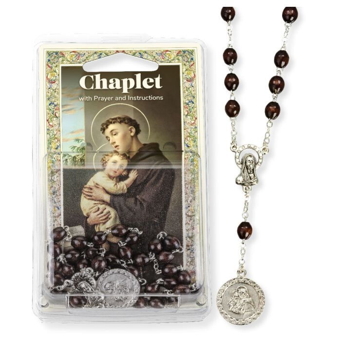 St. Saint Anthony's Chaplet -8 x 5 mm oval wooden beads with Medal