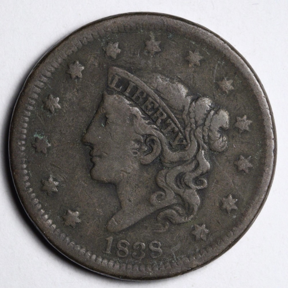 1838 Coronet Head Large Cent CHOICE FINE+ E152 DACS