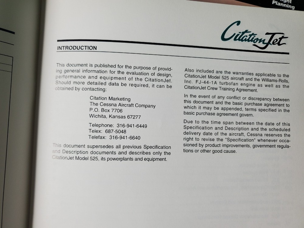 CESSNA CITATION JET Brochure & Specification & Description BOOKLET