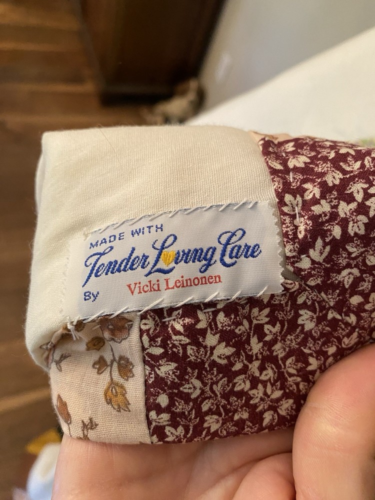 Handmade Machine Stitched Patchwork Quilt 66x85 Signed Tag Button Accents