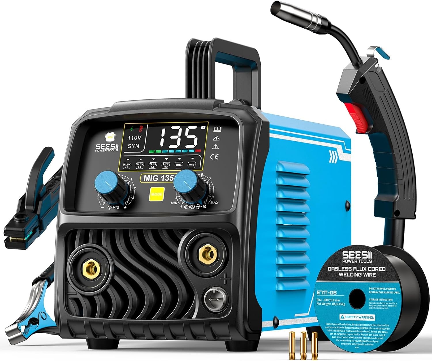 Seesii 135A MIG Welder -3-in-1 Gasless Flux Core/Lift TIG/Stick Welding Machine