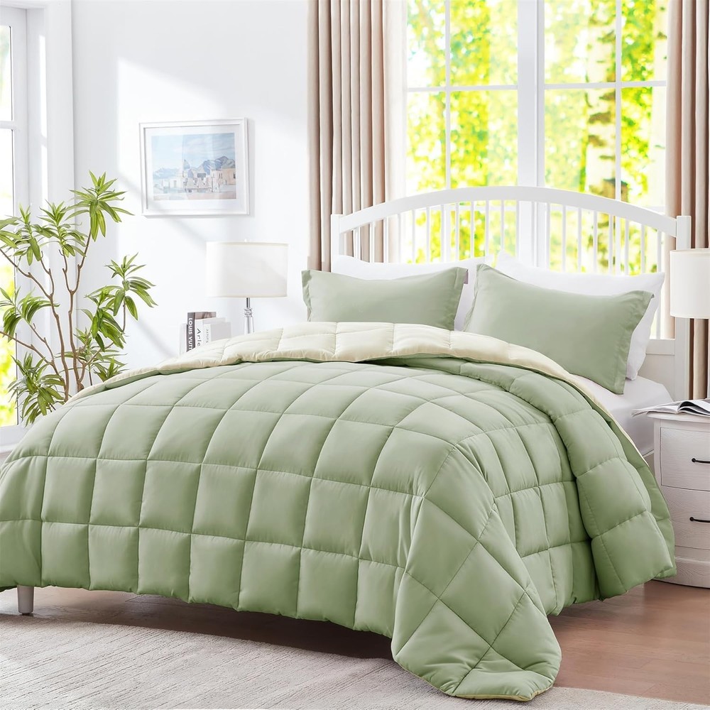 Luxury Queen Comforter Set - 3-Piece Solid Reversible Microfiber for All Seasons