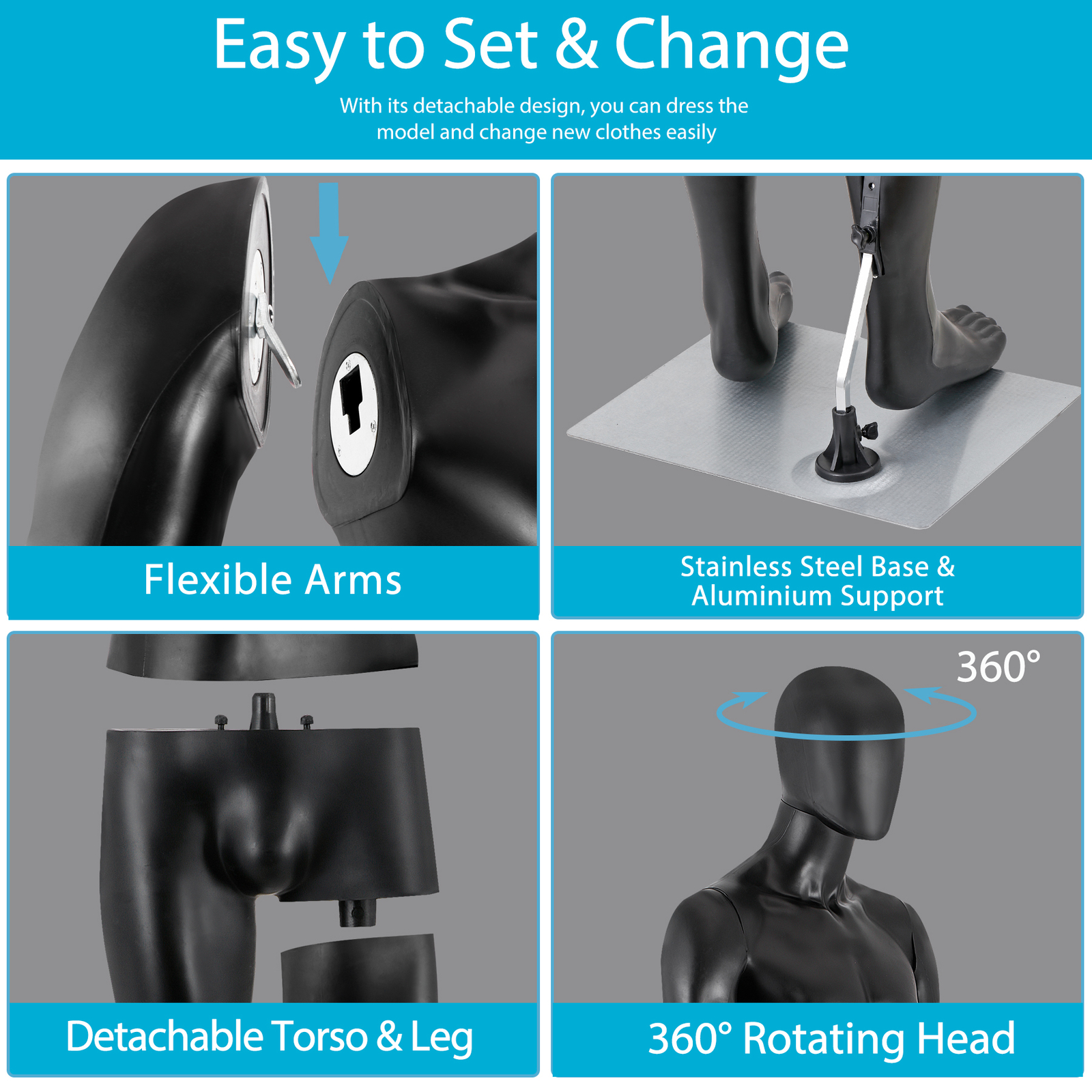 73"H Male Mannequin Full Body Realistic Display Head Turns Dress Form Base Black