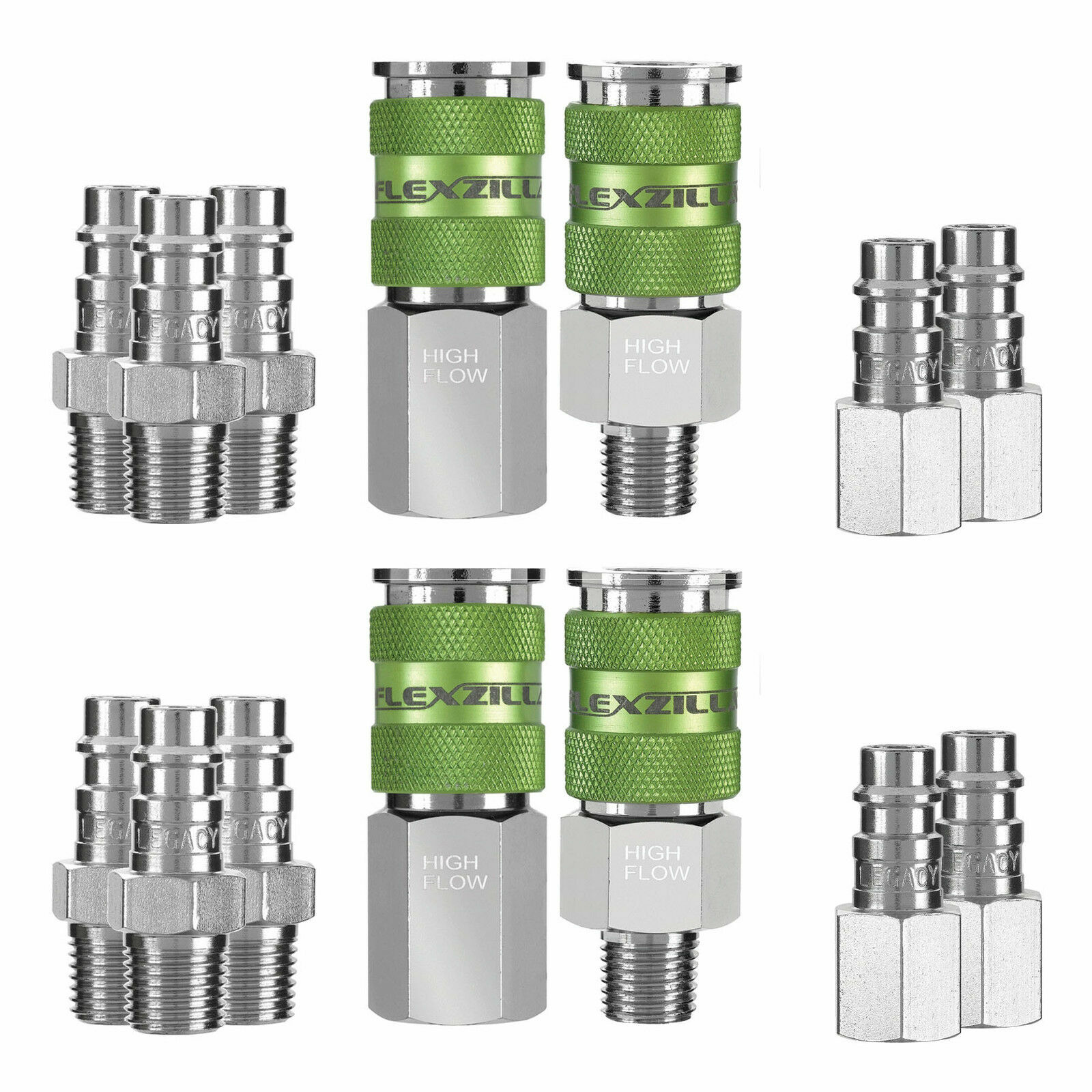 14PC LEGACY FLEXZILLA PRO HI FLO AIR HOSE QUICK COUPLER FITTING SET A53458FZ