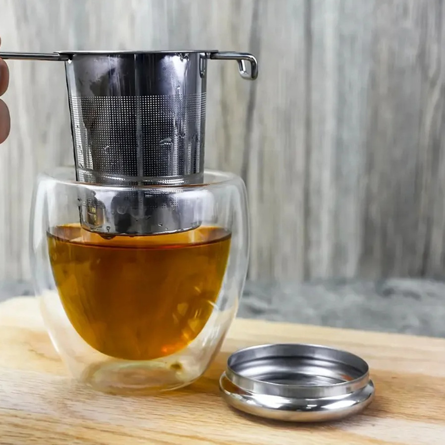 1pc Stainless Steel Tea Filter Strainer with Folding Handle & Lid Multi-Purpose