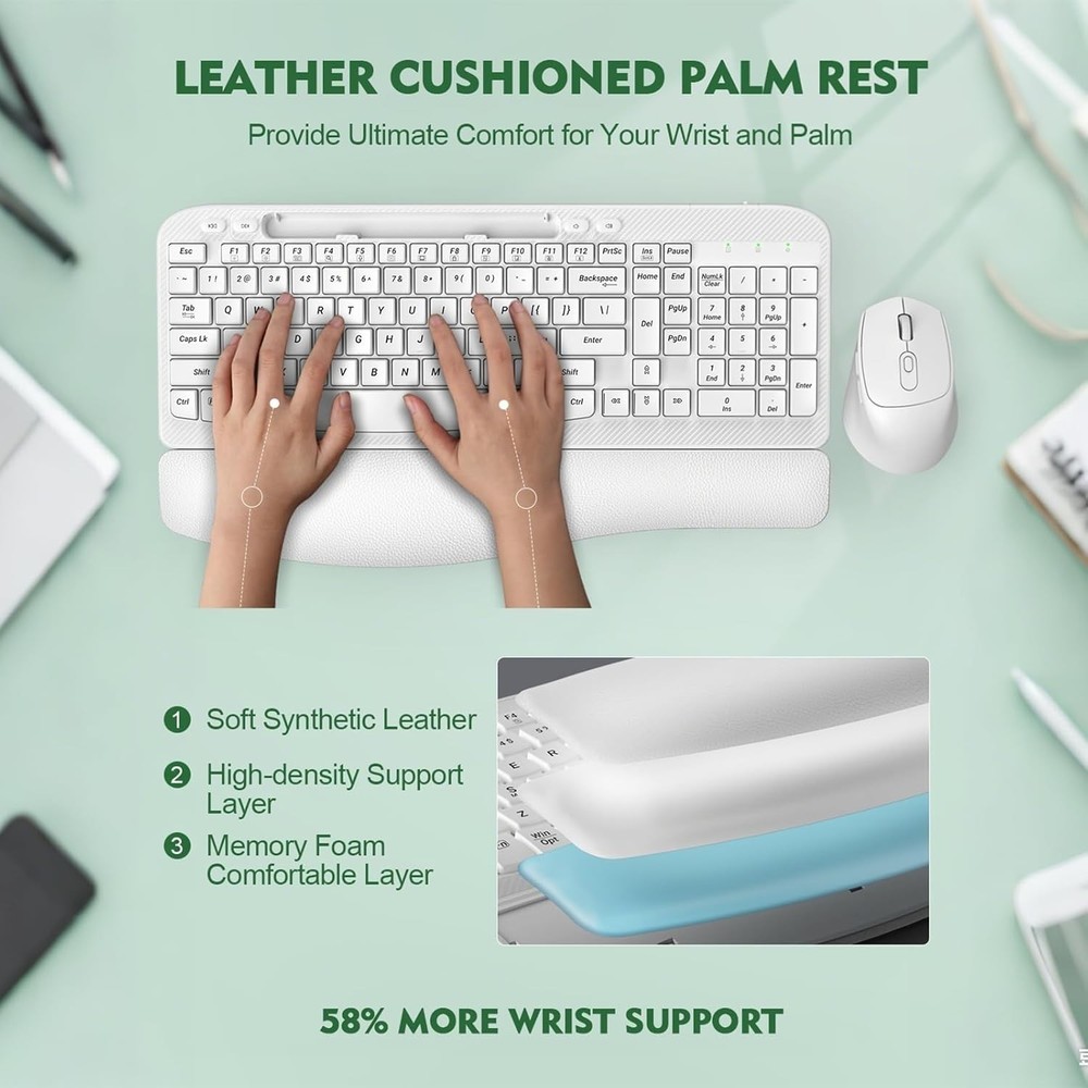 Wireless Keyboard and Mouse Combo, Wave Keys Full-Sized Ergonomic Keyboard with