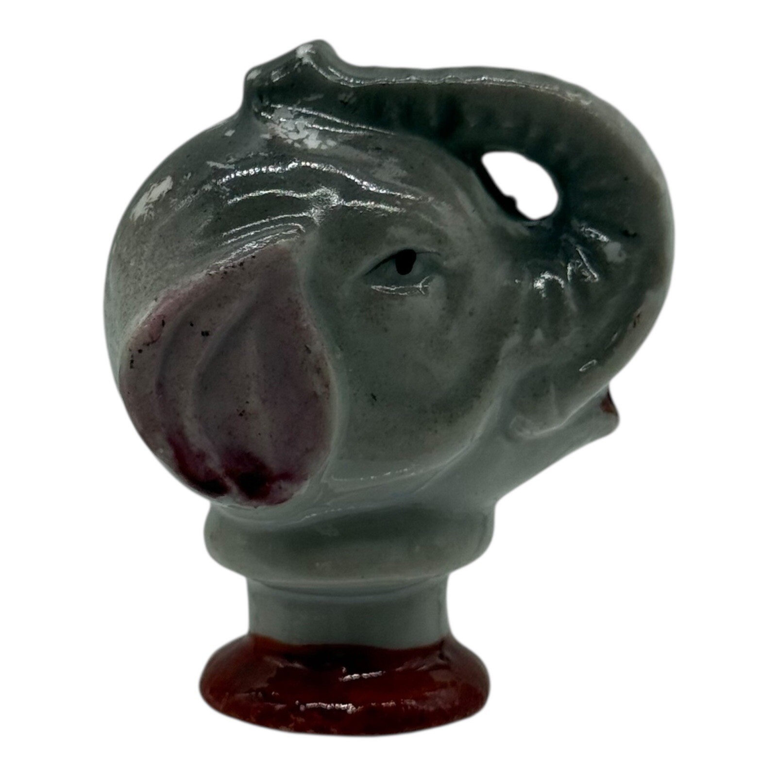 Elephant Figurine Head Statue Ceramic Animal Decor Unique Trunk Up Gray Red