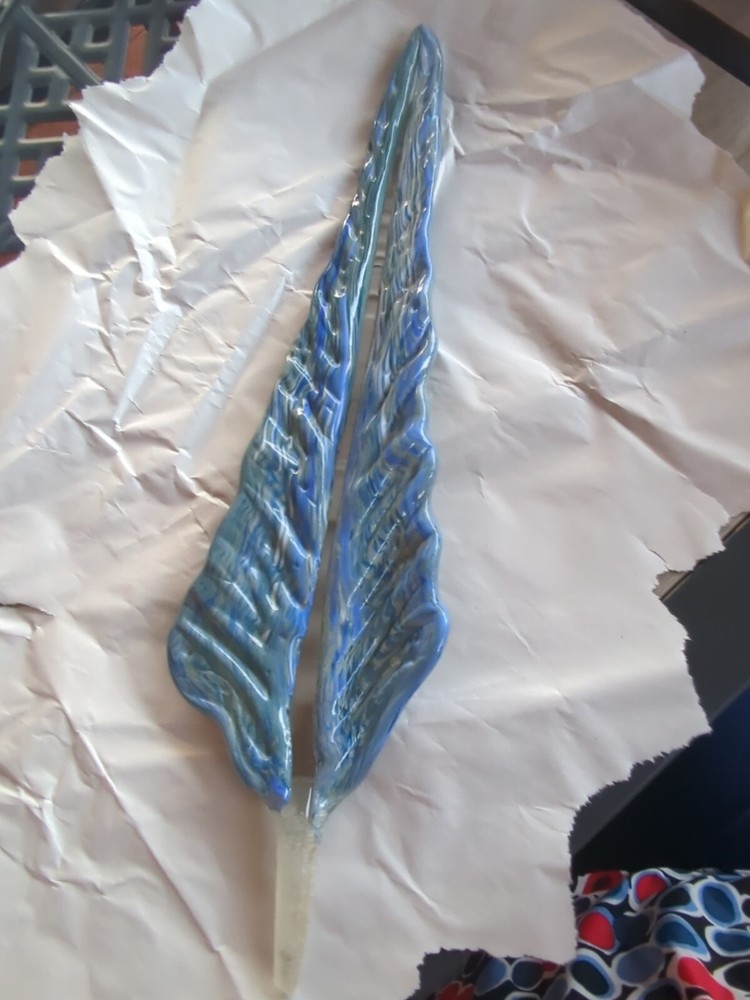 Blown Glass Plant Leaf, Peg Stem,  Blue & Gray