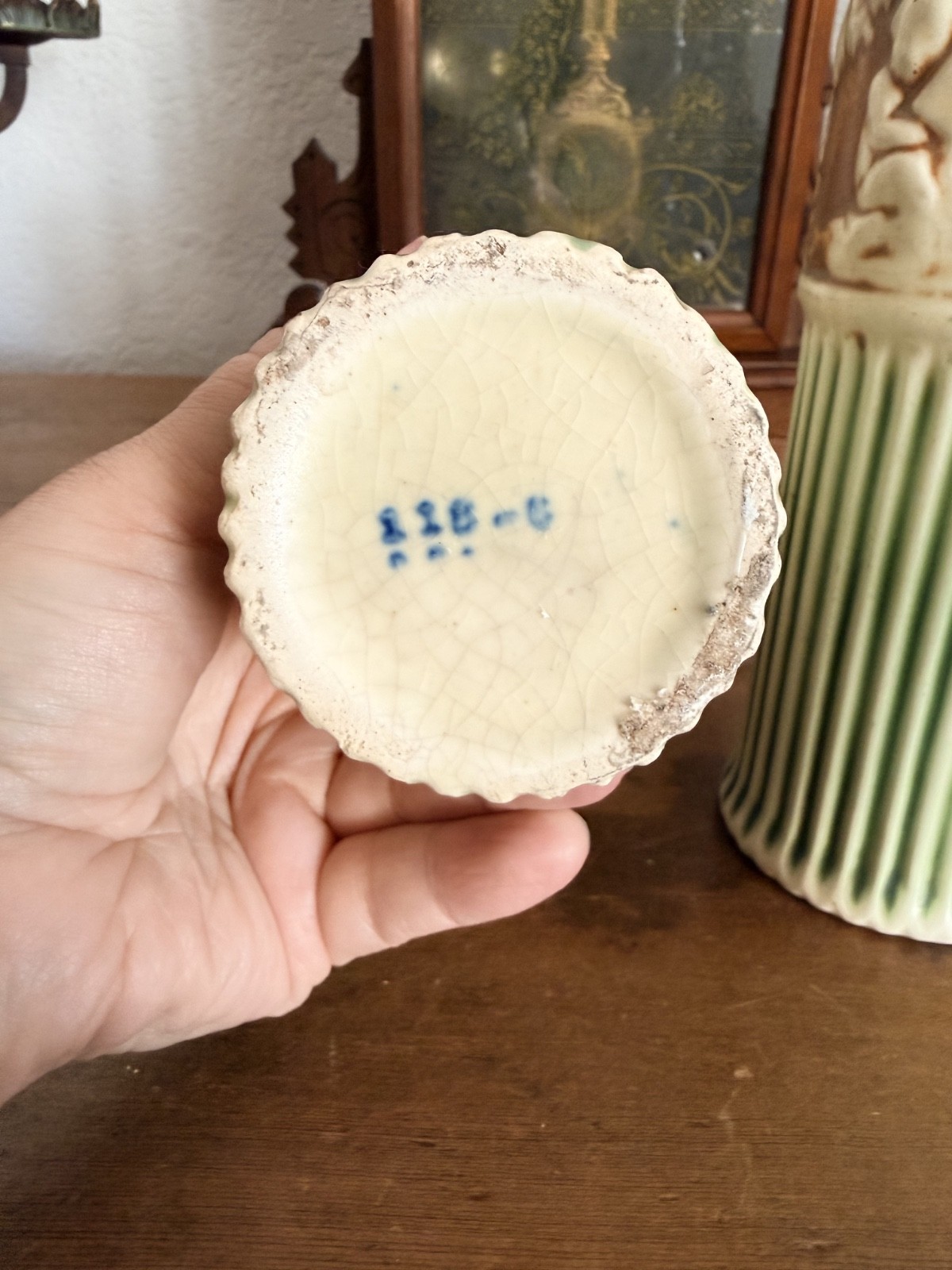 Pair Antique Roseville Donatello Cherub Bud Vases Green Art Pottery 1916