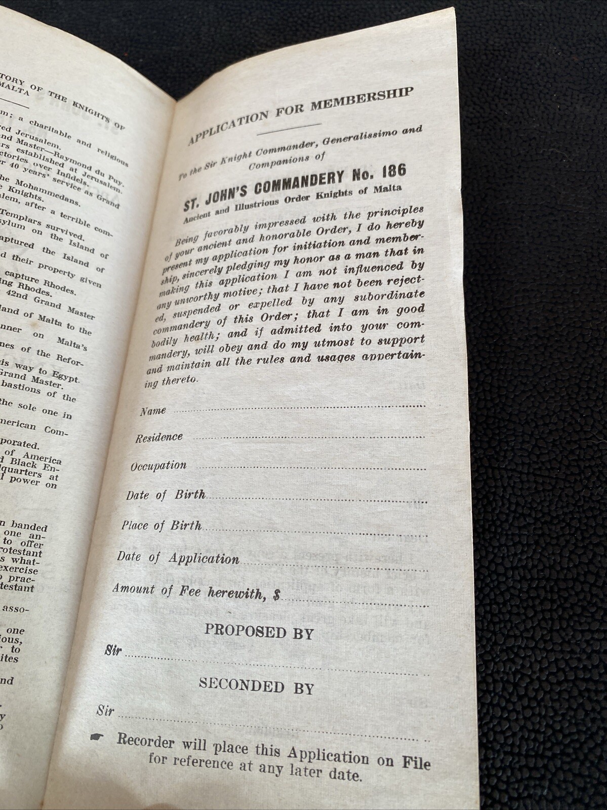 Knights of Malta Insignia Application Stroudsburg PA ST JOHN’S Commandery no 186