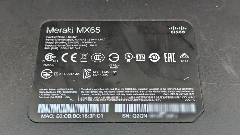 UNCLAIMED Cisco Meraki MX65-HW Cloud Managed Networking and Security - Unit Only