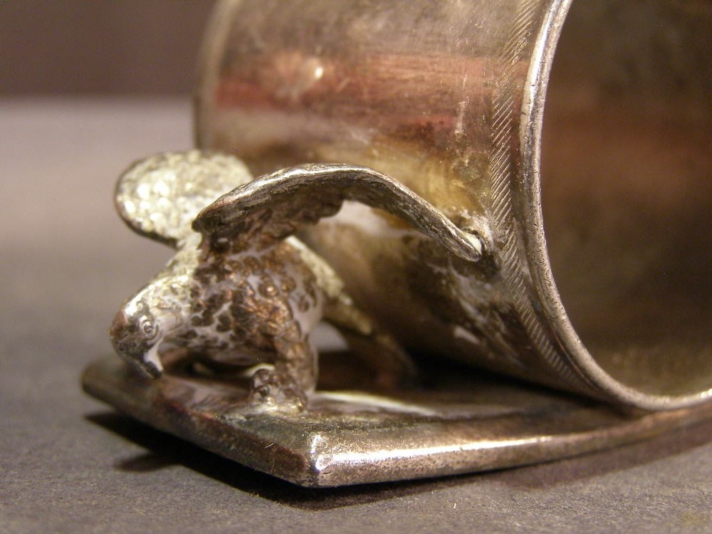 Antique 19th c SILVER "DOUBLE EAGLE" NAPKIN RING ENGRAVED Holder Stand Figural
