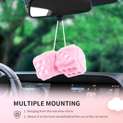 Fuzzy Dice for Rear View Mirror with Suction Cup,Cute Mirror Dice Pink