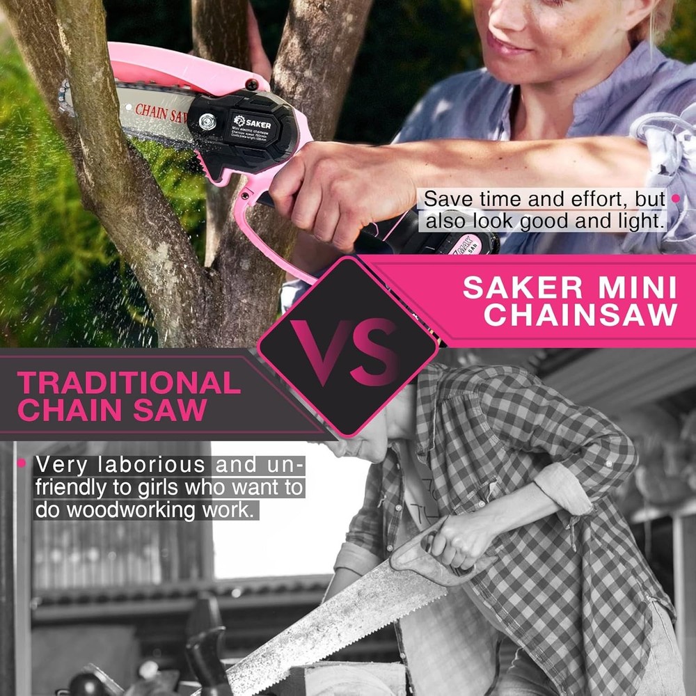 Saker Mini Electric Chainsaw 4" Portable Cordless Handheld PINK E2