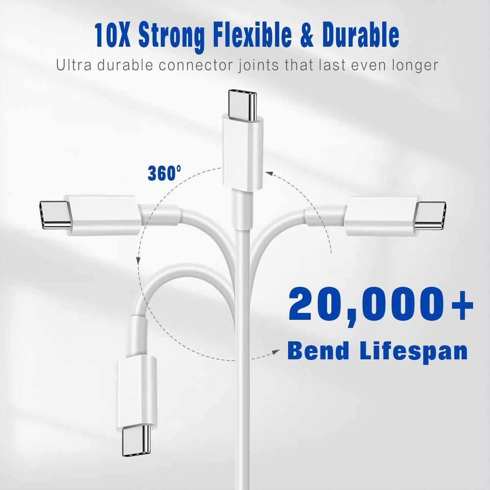 2 Pack USB C to C Cable,3FT Type C C Cord for Apple,60W White