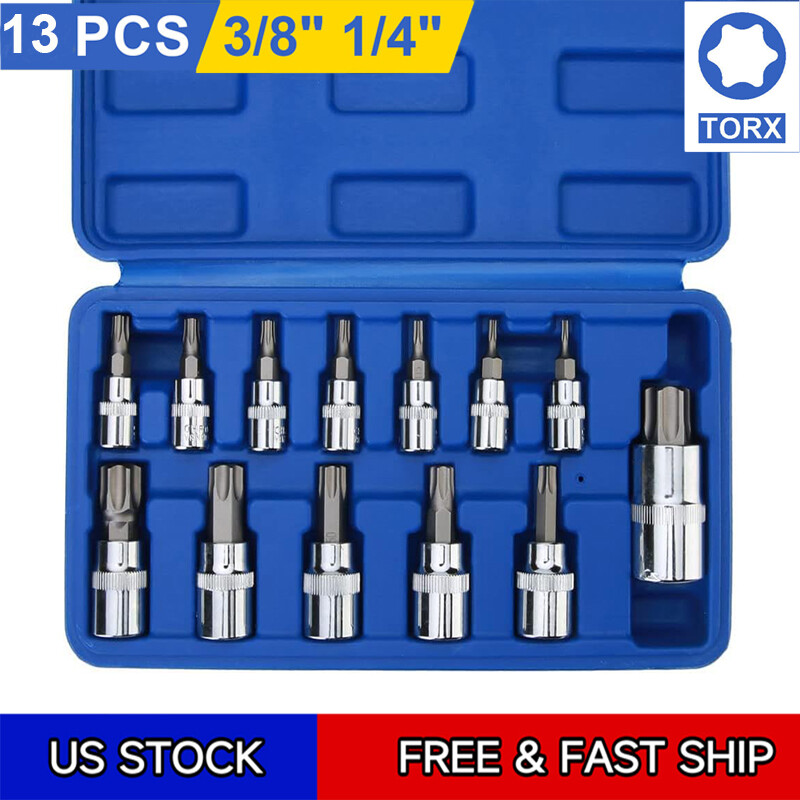 13PCS Drive Torx Bit Socket Set 1/4" 3/8" 1/2" T8-T70 Star Bit Socket Set Tool