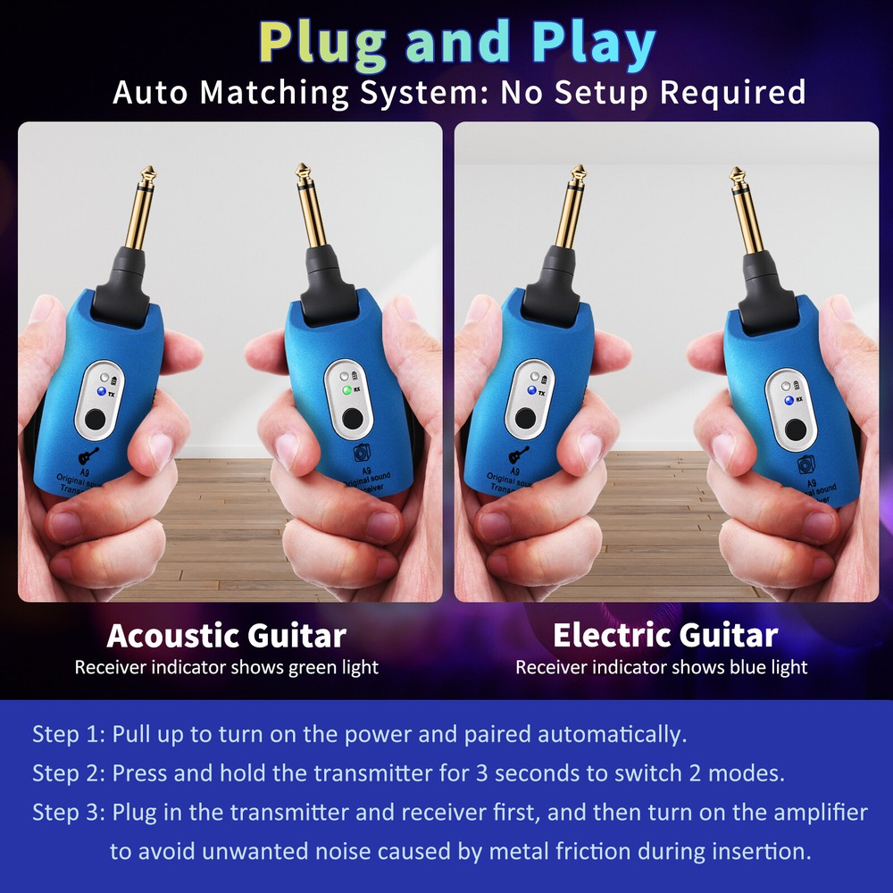 2.4GHz Dual Transmitter Digital Wireless Guitar System Transmitter Receiver Blue