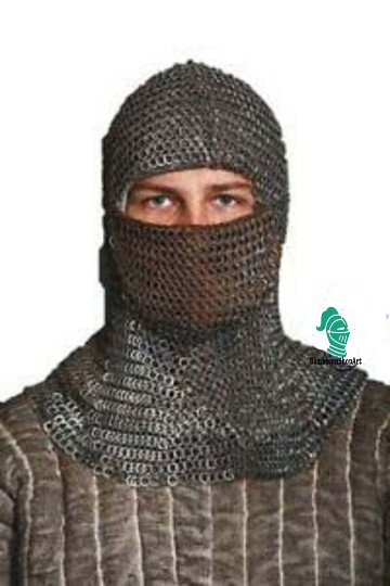 Chain Mail Coif /Hood Flat Riveted Solid Ring Integrated Coif Leather Mild Steel