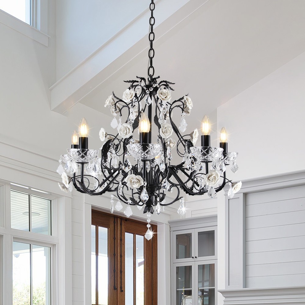 Modern Crystal Chandelier Classic Black 8-Light Ceiling Pendant Light E12 Hotel