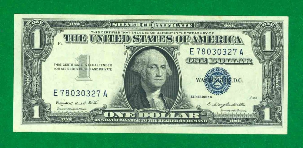 $1 1957-A 1 E/A BLOCK BLUE SEAL SILVER CERTIFICATE CU.
