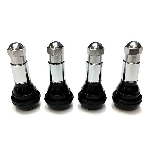 TR413 SNAP-IN TIRE VALVE STEMS WITH CAPS CHROME BLACK RUBBER (4pcs)