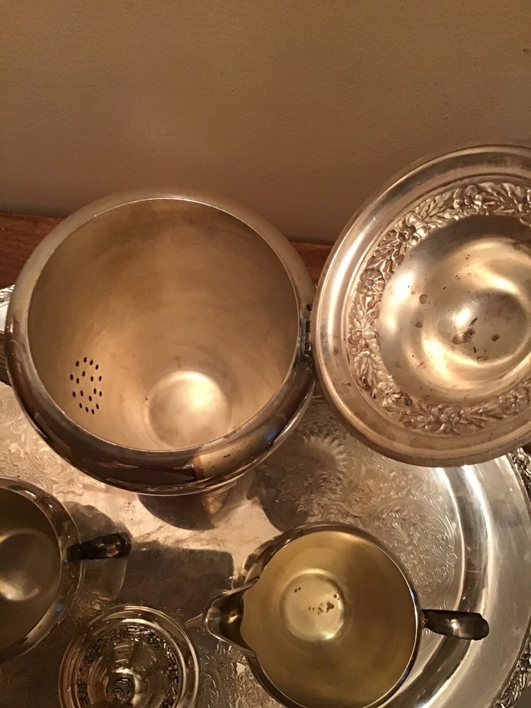 Antique Wm Rogers Primrose Silverplate Teaset With Large Handled Tray