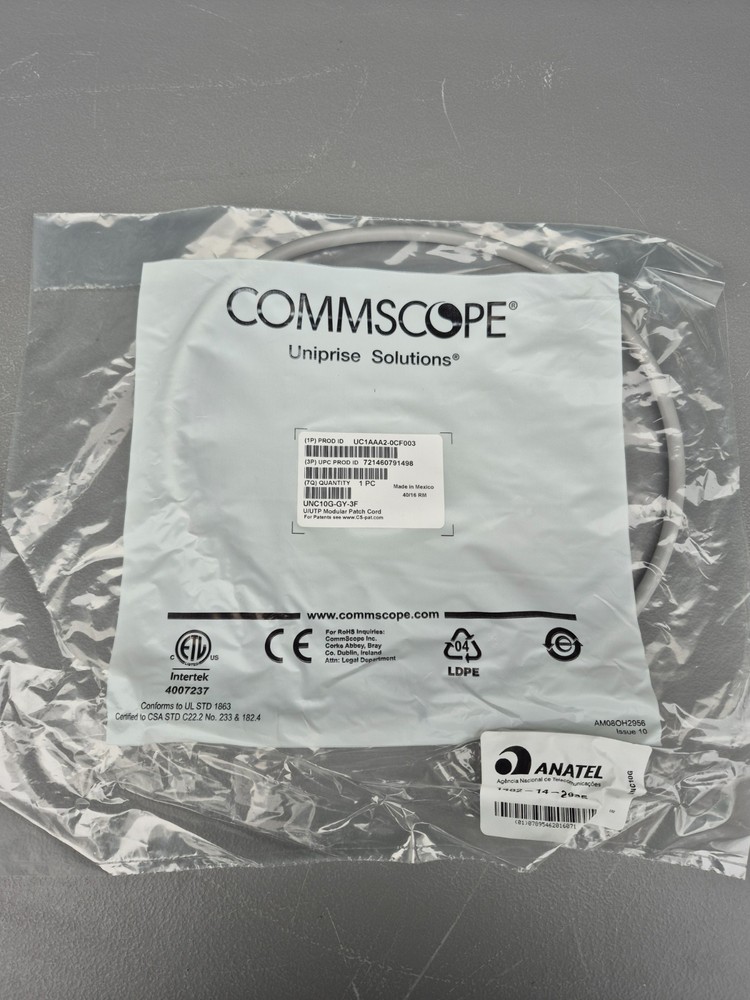 New Commscope Uniprise Solutions UC1AAA2-0CF003 3FT Gray CAT 6A Ethernet Cable