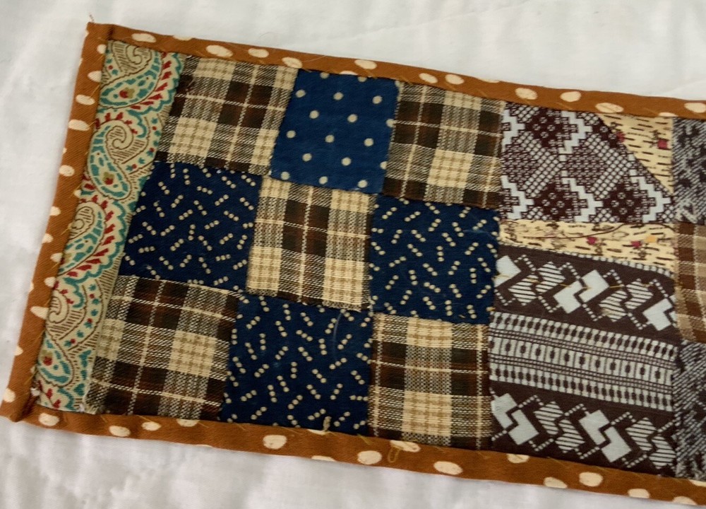 Antique Vintage Table Topper, Rectangle, Nine Patch, Early Calicos, Brown