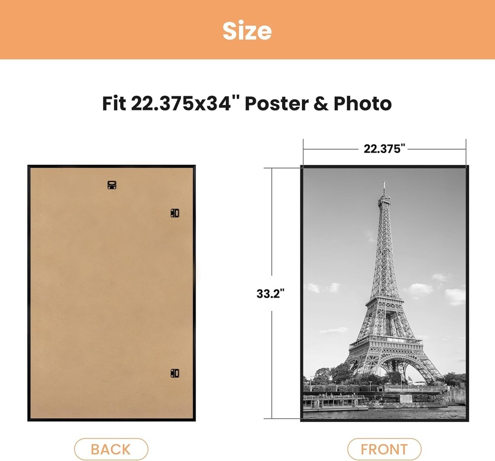 22.375 x 34 Poster Frame Black 3 Pack, Scratch-Proof Picture Frames