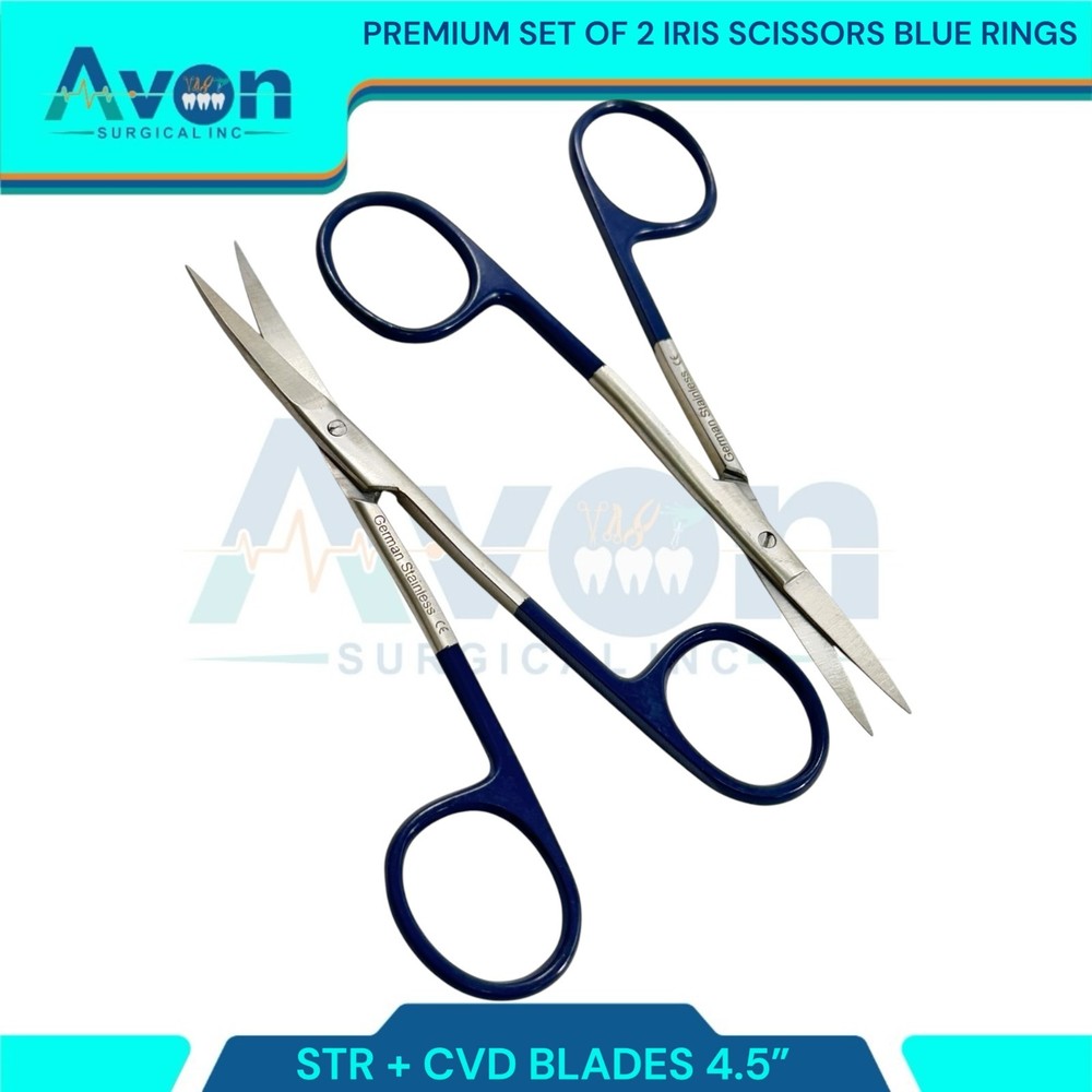 2pcs Premium Dissecting Iris Scissors with Sharp Points, Curved+Straight - 4.5in