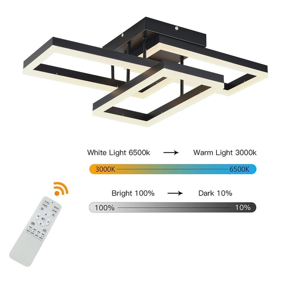 Ceiling Light Black Square Flush Mount Remote Control Dimmable Rectangle