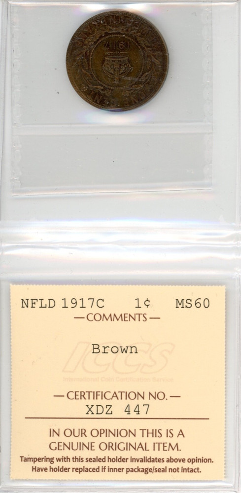 1917C Newfoundland Canada One Cent - ICCS MS60 - #XDZ 447