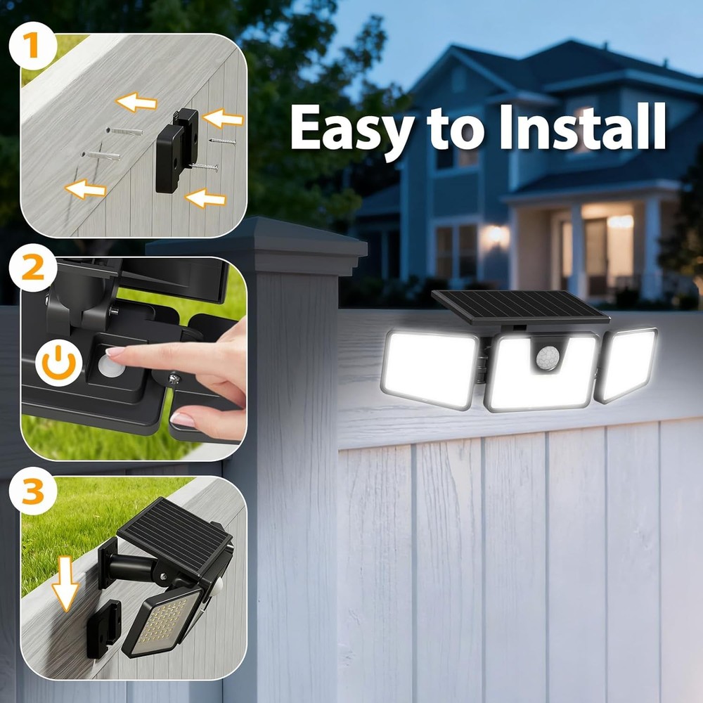 Solar Motion Sensor Lights Outdoor, 3 Heads Security Lights Solar Powered