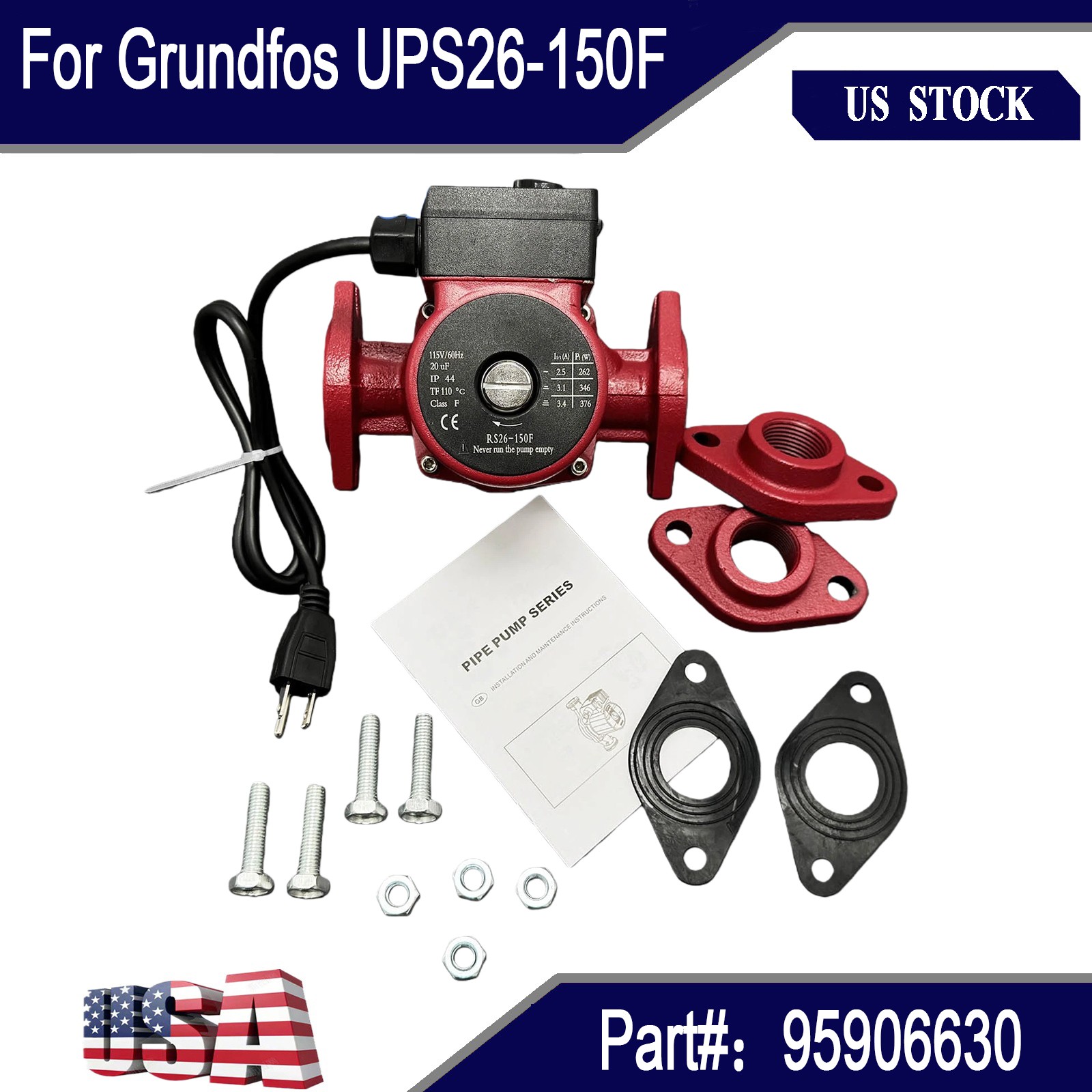 Cast Iron Circulator Pump 115V 1/3 HP Cast Iron For Grundfos 95906630 UPS26-150F
