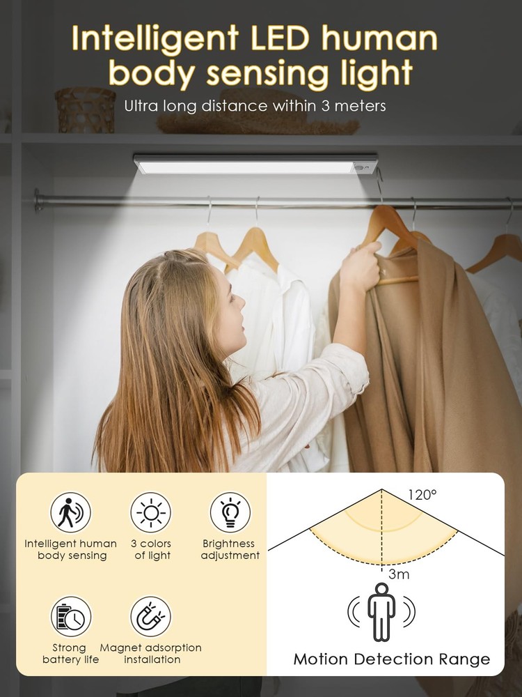 Under Cabinet Lighting Wireless - Motion Sensor, 3 Color & Stepless Brightnes...