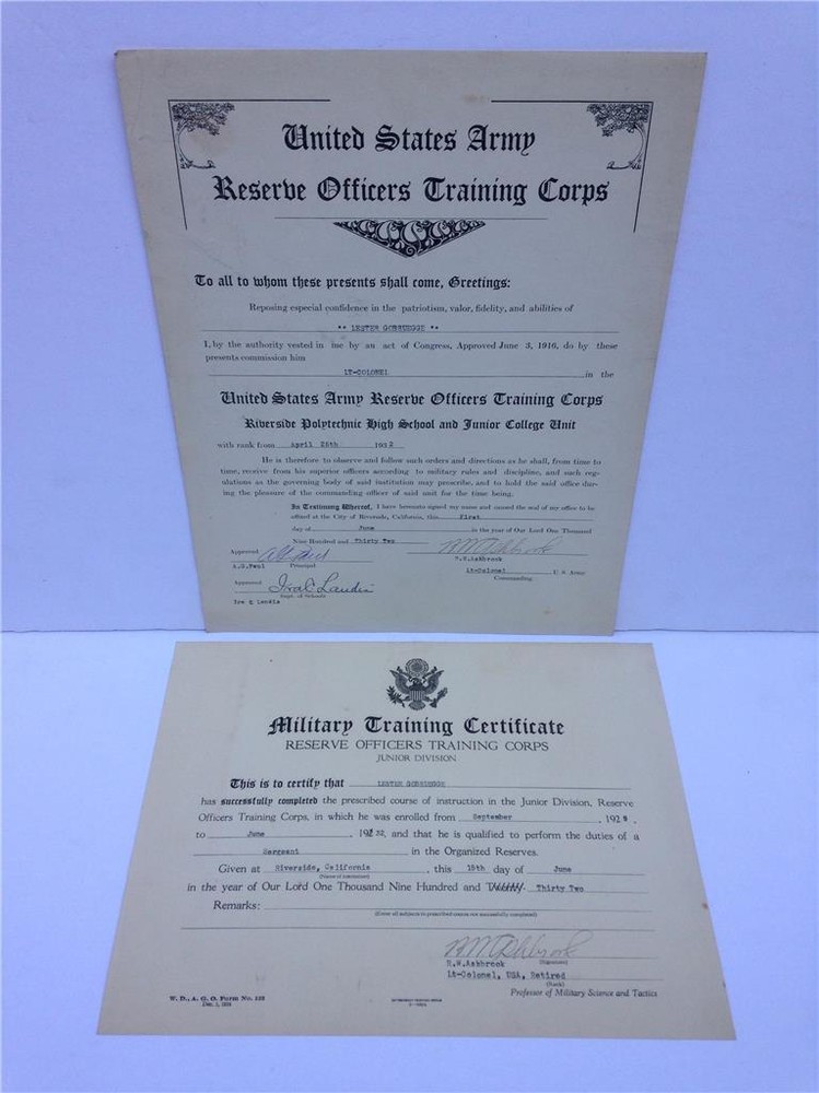 Lot of 2 Vintage 1932 Reserve Officers Training Corp Certificates