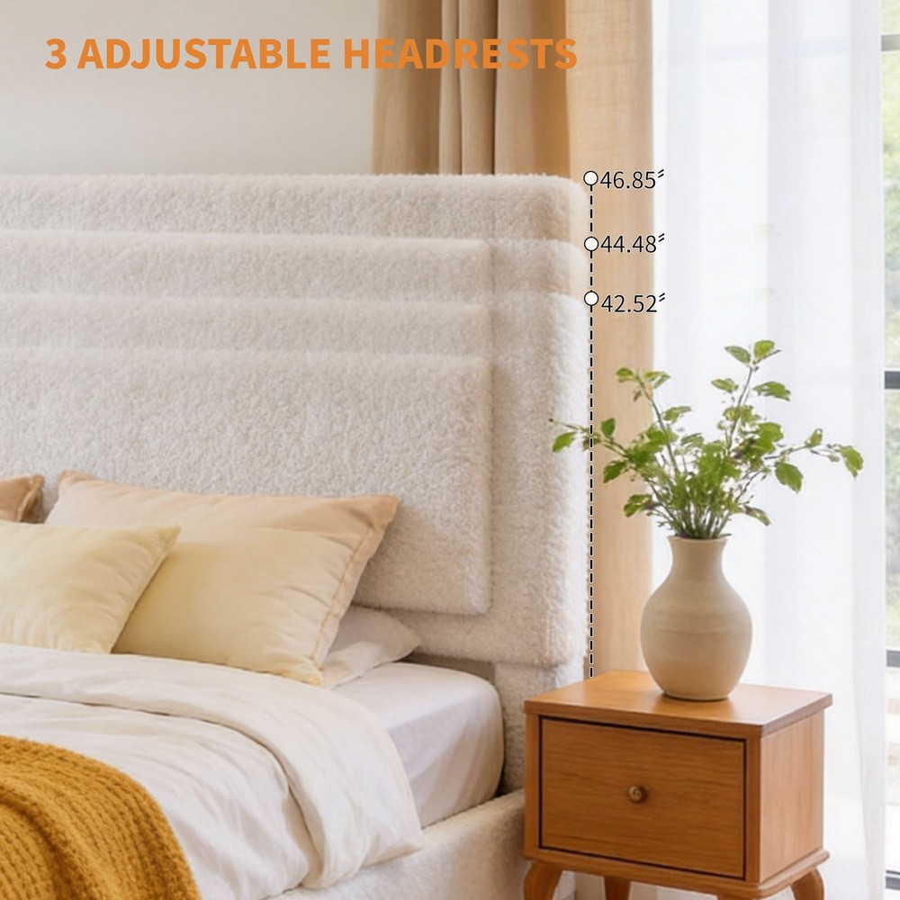 King Upholstered Bed Frame with Adjustable Headboard No Box Spring Needed Beige