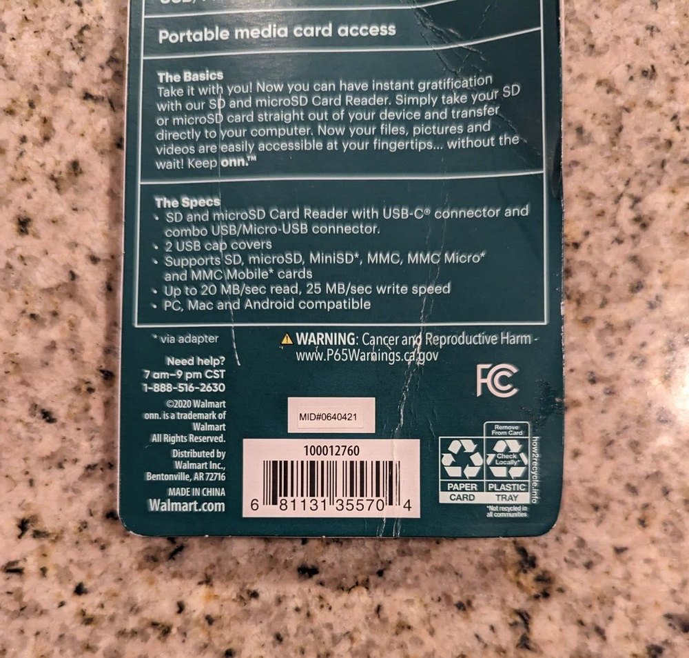 ONN SD microSD Card Reader Combo USB USB-C & Micro-USB Connector