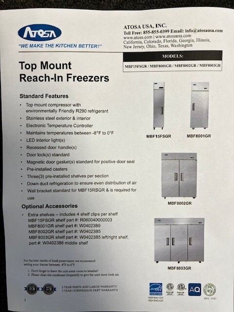 Atosa MBF8003GR, Top Mount 3-Door FREEZER