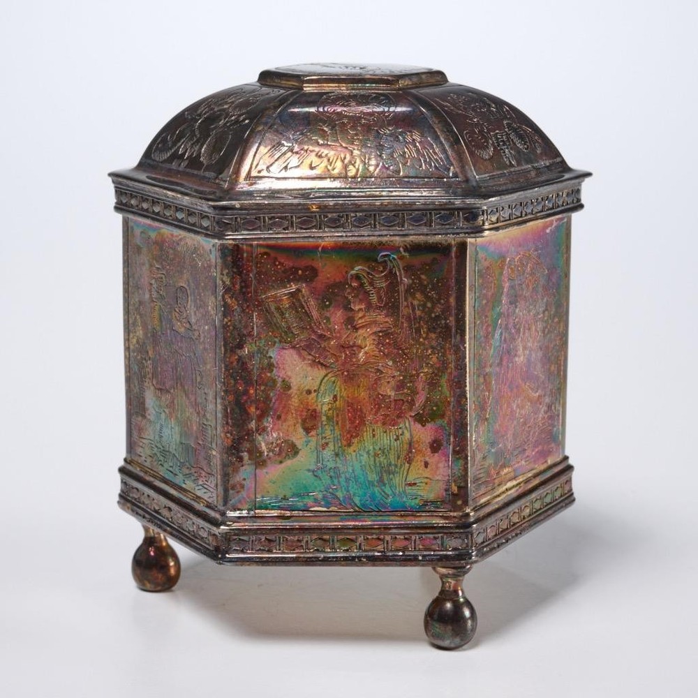 MMA Dutch Repro Silver Plated Gold Wash Marriage Tea Caddy Trinket Box 2.75"h