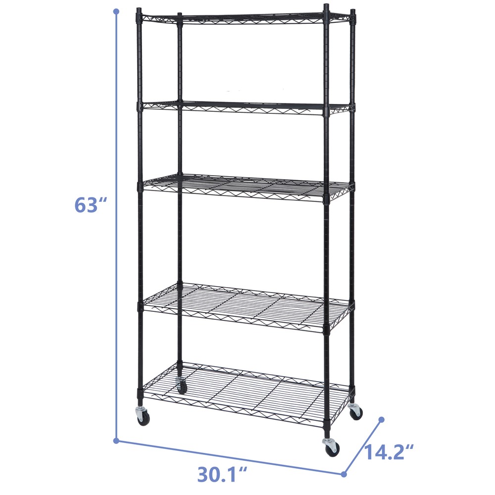5 Layer Unit Wire Rack Storage Shelf Black Holder Kitchen Display with 4 Wheels