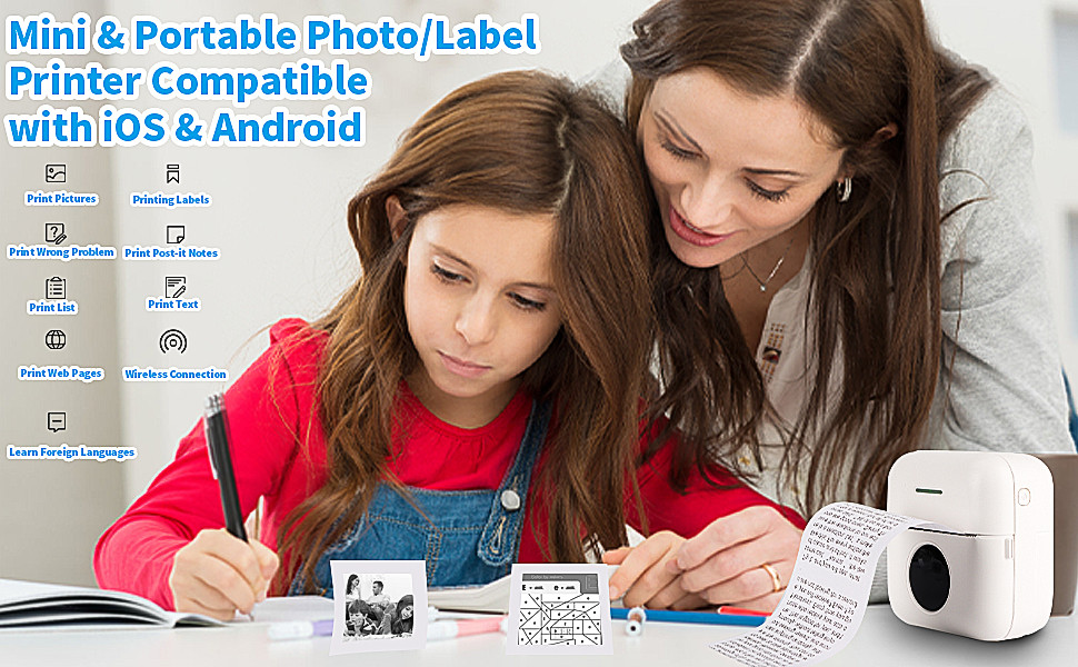 Mini Sticker Printer - Bluetooth Smart Pocket Inkless Thermal Printer w/10 Rolls