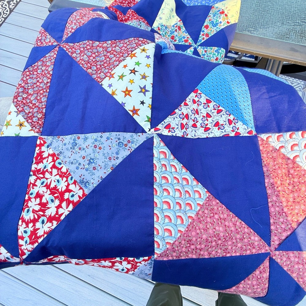 Handmade half square triangle quilt multi-colored pinwheel pattern 65" x 40"